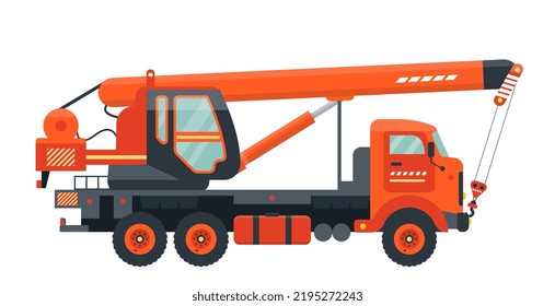 Grúa móvil naranja aislada. Icono. Control por cable, rastreadores. Vehículo para levantar, manipular, construir, transportar carga, cargar. Maquinaria pesada. Ilustración vectorial plana. 