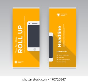 Orange Mobile Phone Creative Abstract Shapes Business Roll Up Exhibition Banner Stand brochure flyer flat design template new trend concept. Cover presentation. Corporate. Layout. Stock vector. EPS