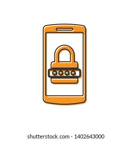 Orange Mobile phone and password protection icon isolated on white background. Security, safety, personal access, user authorization, privacy. Vector Illustration