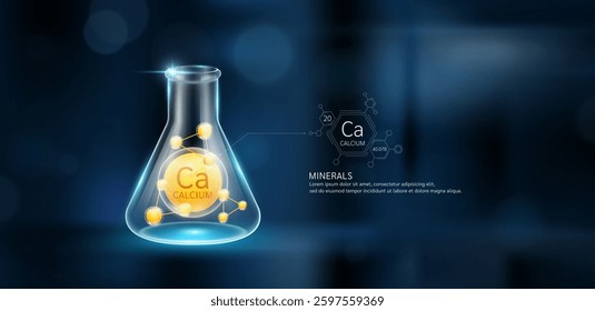Orange model calcium molecules in glass beaker triangle test tube on dark blue background. Minerals sample science experiment. Scientific research concept. Vector EPS10.