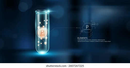 Orange model Phosphorus (P) molecules in glass beaker test tube on dark blue background. Minerals sample science experiment. Scientific research concept. Vector EPS10.