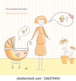Orange modern creative abstract vector background with girl and baby carriage