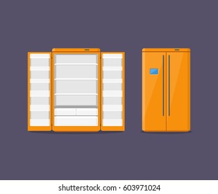 Orange modern household appliances fridge with two doors isolated on dark blue background. Electronic device refrigerator open and closed. Home appliance freezer vector illustration.