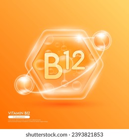 Orange molecule atom vitamin B12 in hexagon. Surrounded by collagen solution hyaluronic acid serum and moisturizer. Essential to the health skin care. For cosmetic beauty nutrition. Vector EPS10.