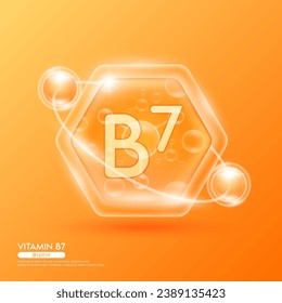 Molécula naranja de la vitamina B7 en hexágono. Rodeado por solución de colágeno ácido hialurónico suero y humectante. Esencial para el cuidado de la piel. Para la nutrición de belleza cosmética. EPS10 vectores.