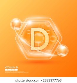 Orange molecule atom vitamin D in hexagon. Surrounded by collagen solution hyaluronic acid serum and moisturizer. Essential to the health skin care. For cosmetic beauty nutrition. Vector EPS10.