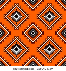 Padrão tradicional laranja Mon Thai com detalhes em preto e branco, dispostos em uma grade de diamante. Excelente para projetos de design têxtil, de embrulho para presente ou culturais do Sudeste Asiático.