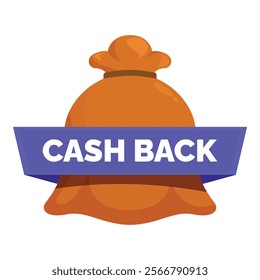 Orange money bag with blue ribbon promoting cashback and refunding service