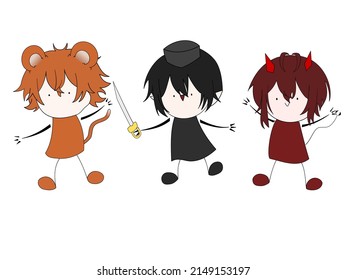 orange monkey boy elf boy with a sword and a red demon boy cartoon happily playing together smile vector white back ground