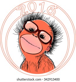 Orange Monkey in a circle and wearing glasses.