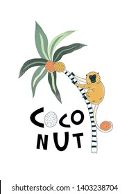 Orange monkey on stripy coconuts palm decorative typographic exotic tropical jungle illustration. Rainforest wildlife inspired drawing with graphic lettering for summer kids t-shirt print design.