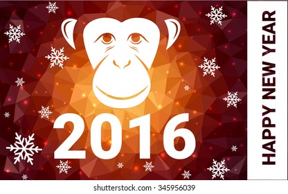 orange monkey postcard low polygon style christmas tree vector illustration consisting of triangles.Abstract triangular polygonal origami or crystal design of New Years celebration.