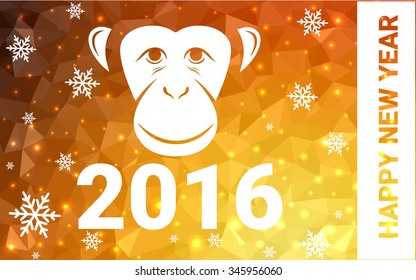 orange monkey postcard low polygon style christmas tree vector illustration consisting of triangles.Abstract triangular polygonal origami or crystal design of New Years celebration.