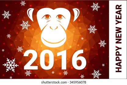 orange monkey postcard low polygon style christmas tree vector illustration consisting of triangles.Abstract triangular polygonal origami or crystal design of New Years celebration.