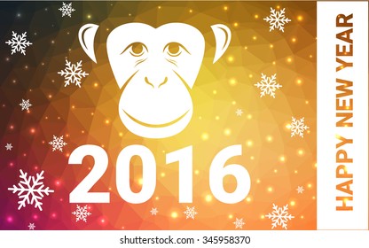 orange monkey postcard low polygon style christmas tree vector illustration consisting of triangles.Abstract triangular polygonal origami or crystal design of New Years celebration.