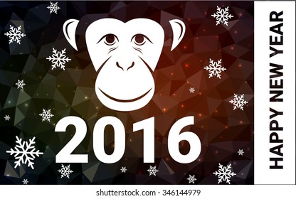 orange monkey postcard low polygon style christmas tree vector illustration consisting of triangles.Abstract triangular polygonal origami or crystal design of New Years celebration.