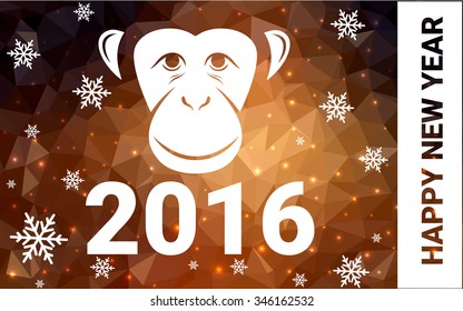 orange monkey postcard low polygon style christmas tree vector illustration consisting of triangles.Abstract triangular polygonal origami or crystal design of New Years celebration.