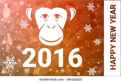 orange monkey postcard low polygon style christmas tree vector illustration consisting of triangles.Abstract triangular polygonal origami or crystal design of New Years celebration.