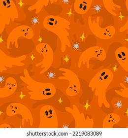 Orange Monochrome Ghost Halloween Vector Seamless Pattern