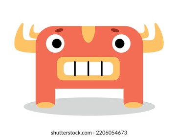 Orange monster character. Frightened mutant with horns. Toy or mascot for children. Halloween, magic, sorcery, mysticism. Fear and horror, fantasy and imagination. Cartoon flat vector illustration