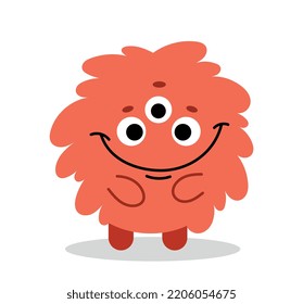 Orange Monster Character. Round Fluffy Mutant With Three Eyes. Soft Toy For Children, Halloween Mascot. Feast Of Fear And Horror. Mysticism, Witchcraft And Magic. Cartoon Flat Vector Illustration