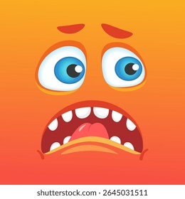 Orange monster face featuring large blue eyes, an open mouth, and a tongue sticking out, expressing a comically scared look, ideal for Halloween themed projects and designs