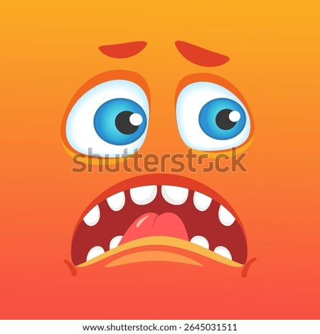 Orange monster face featuring large blue eyes, an open mouth, and a tongue sticking out, expressing a comically scared look, ideal for Halloween themed projects and designs