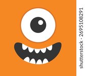 Orange monster face head banner. Happy Halloween. Cute square monster. Spooky happy smiling face emotion. Boo. One Eye, mouse, teeth fang. Flat design. Baby kids background. Vector illustration