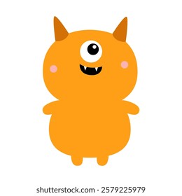 Orange Monster. Happy Halloween. Cartoon kawaii funny character. Colorful silhouette monsters. Cute face with one eye, horns, hands. Childish baby collection. Flat design White background Vector