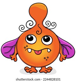 Orange monster with purple wings. Isolated alien with a round body. Cartoon microbe on a white background.