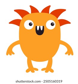 Orange monster standing. Happy Halloween. Cute monsters silhouette icon. Eyes, fang teeth, red hair. Cartoon kawaii funny baby character. Childish style. Flat design. Isolated. White background Vector