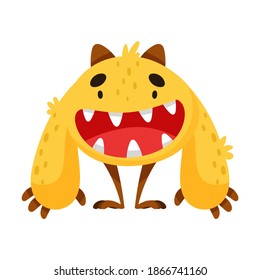 Orange Monster with Teeth and Horns Standing and Smiling Vector Illustration