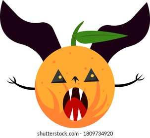 Orange Monster with wings, cut out triangular eyes and open mouth with sharp fangs. Halloween and mysticism concept. object on white background