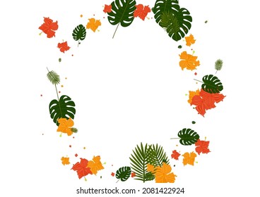 Orange Monstera Background White Vector. Palm Popular Frame. Green Philodendron. Hawaii Card. Light Green Hawaiian Backdrop.