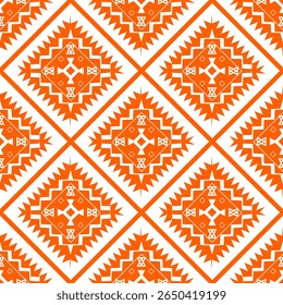 Un patrón naranja estilo Mon con detalles en forma de diamante en un diseño simétrico. Los colores llamativos y la geometría tradicional lo hacen ideal para estampados festivos, prendas o fondos de inspiración étnica.