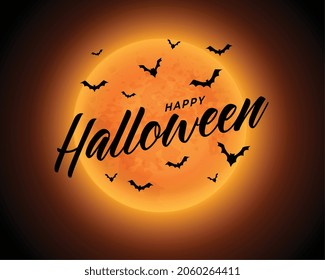 orange moon happy halloween background with flying bats