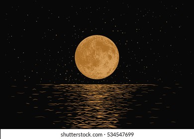 Orange moon reflecting in a sea.Dotwork.Hand drawn style.Vector illustration