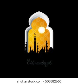 Orange Mosque Window Ramadan Kareem Greeting card with arabic arabesque pattern on black background. Holy month of muslim. Symbol of Islam. Crescent Moon Ramadan. Applique Origami Vector illustration.