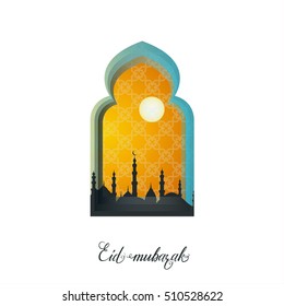Orange Mosque Window Ramadan Kareem Greeting card with arabic arabesque pattern on White background. Holy month of muslim. Symbol of Islam. Crescent Moon Ramadan. Applique Origami Vector illustration.