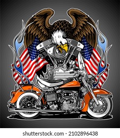 orange motorbike with eagle in the background, t-shirt design, biker, motorcycle club, patch, naked bike, cool helmet, arai, shoei, ls2, agv, shovelhead engine, panhead, knucklehead, nmax, aerox, xmax