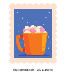 Orange mug full of marshmallows representing christmas time and winter holidays, perfect for greeting cards