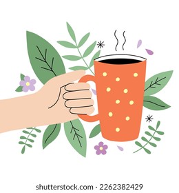 Orange mug in hand on a background of leaves and flowers. Vector print in a flat hand-drawn style with the concept of herbal tea