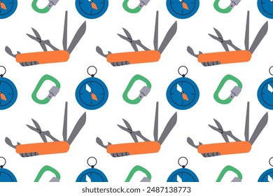 Orange multifunctional pocket knife camping and hiking equipment doodle flat vector illustration. Compact steel kit cutting opener screw corkscrew razor weapon multipurpose open and closed blade