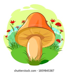 champiñones naranjas al fondo de un prado floreciente. Flores silvestres y hierba. Vector aislado en blanco. Caricatura de estilo plano. Hermosa seta de bosque. El paisaje. Paisaje.