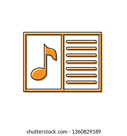 Orange Music book with note icon isolated on white background. Music sheet with note stave. Notebook for musical notes. Vector Illustration