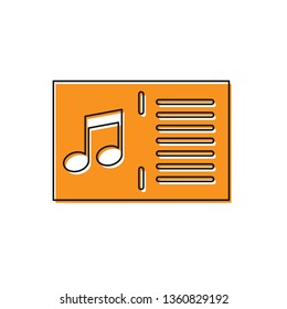 Orange Music book with note icon isolated on white background. Music sheet with note stave. Notebook for musical notes. Vector Illustration
