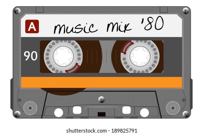 Orange musiccasette, cassette tape, vector art image illustration, isolated on white background, eps10