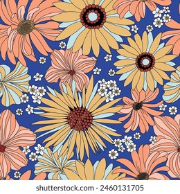 orange mustered and white seamless vector stock flowers pattern on blue background