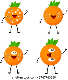 Conjunto de dibujos animados mutantes naranjas de personajes vegetales tropicales con muchos ojos y un objeto sonriente sobre un concepto de planta y ficción de fondo blanco