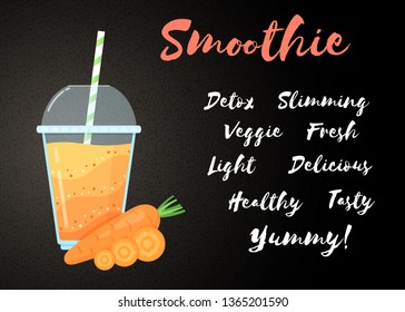 Orange natural smoothie carrot shake vector illustration. Natural vegetable, glass with orange layers of smoothies cocktail. Horizontal poster with big sign Smoothie for fitness landing page concept